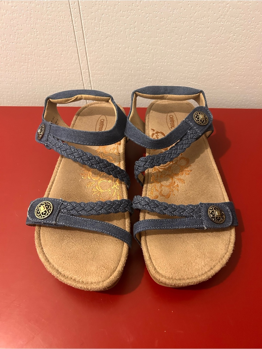 Aetrex Jillian Size 10 Denim Braided Strap Women's Sandal